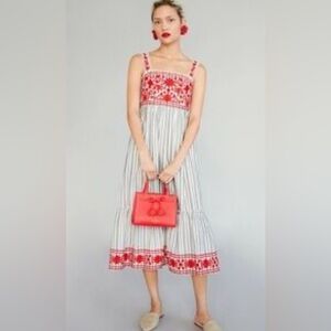 Kate Spade Broomer Street floral/birds embroidered stripes maxi tiered dress XL